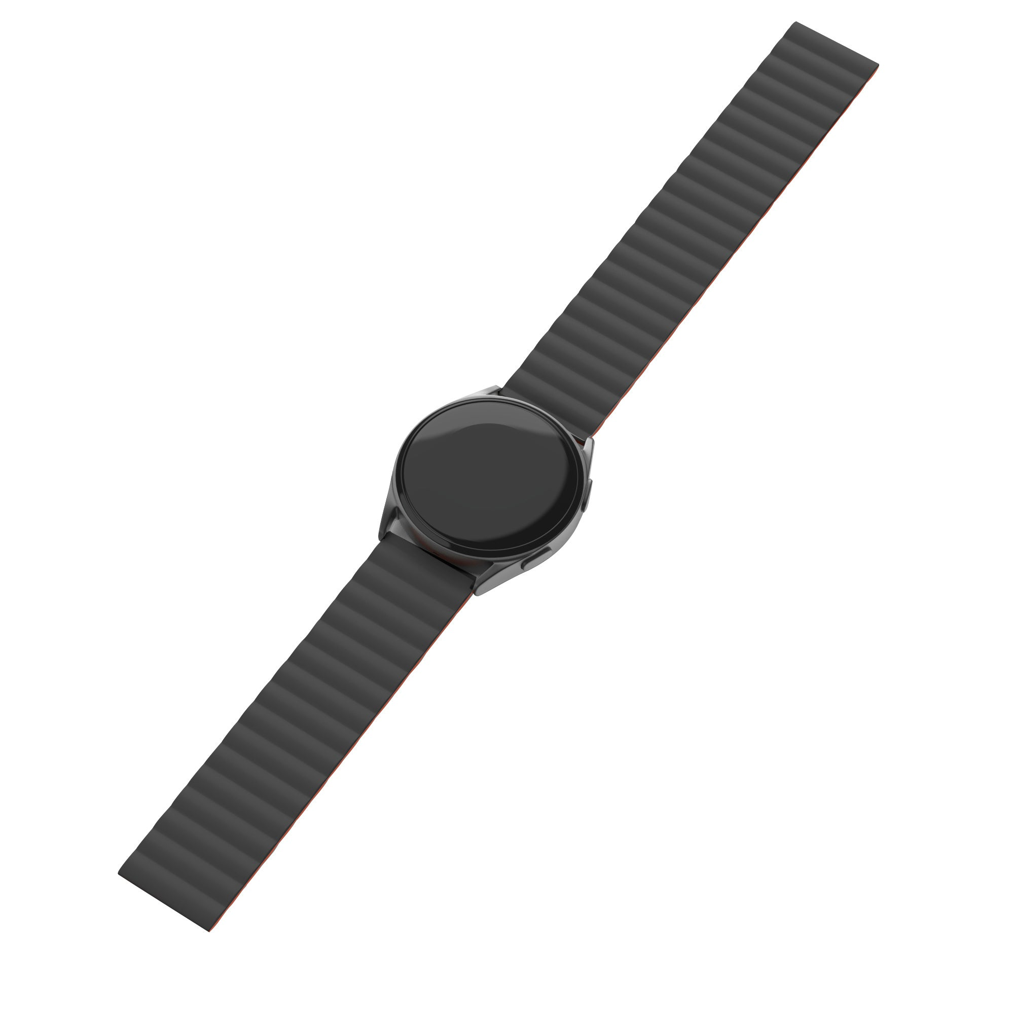 Eine schwarze Smartwatch mit schwarzem Bildschirm liegt diagonal auf weißem Hintergrund. Das Uhrenarmband ist gerippt und magnetisch.