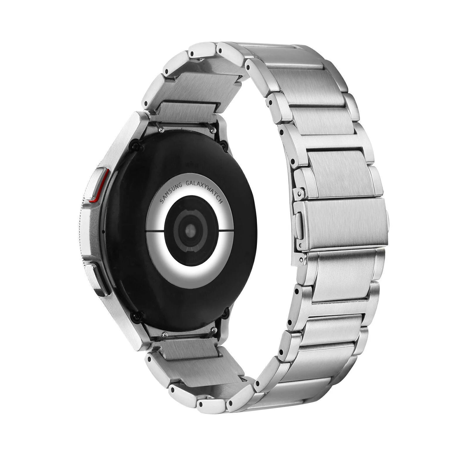 Eine silberne Samsung Galaxy Watch mit Metallarmband. Die Uhrenrückseite hat eine schwarze Oberfläche und den Text 'GALAXYWATCH'.