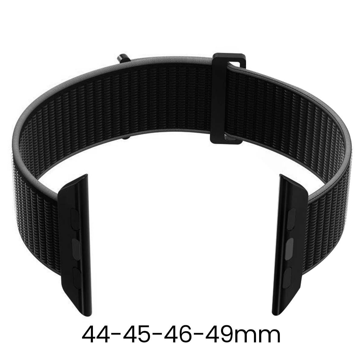 Czarny pasek do Apple Watch z tkaną teksturą. Pasek ma klamrę, dwa punkty mocowania i wskazany zakres rozmiarów 44-49mm.