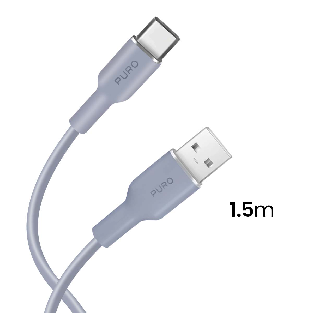 Two gray USB cables with the PURO logo. One has a USB-C connector and the other a USB-A connector. '1.5m' is written in black.