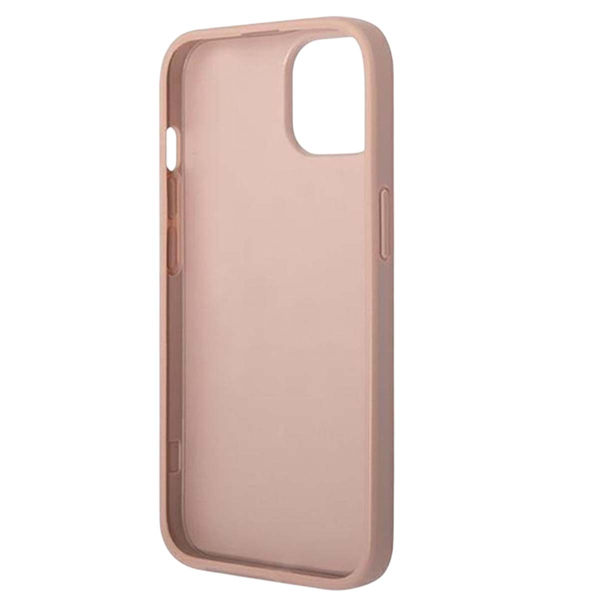 Una custodia per telefono rosa chiaro, con un ritaglio per la fotocamera e rientranze per i pulsanti. La custodia è in materiale liscio.