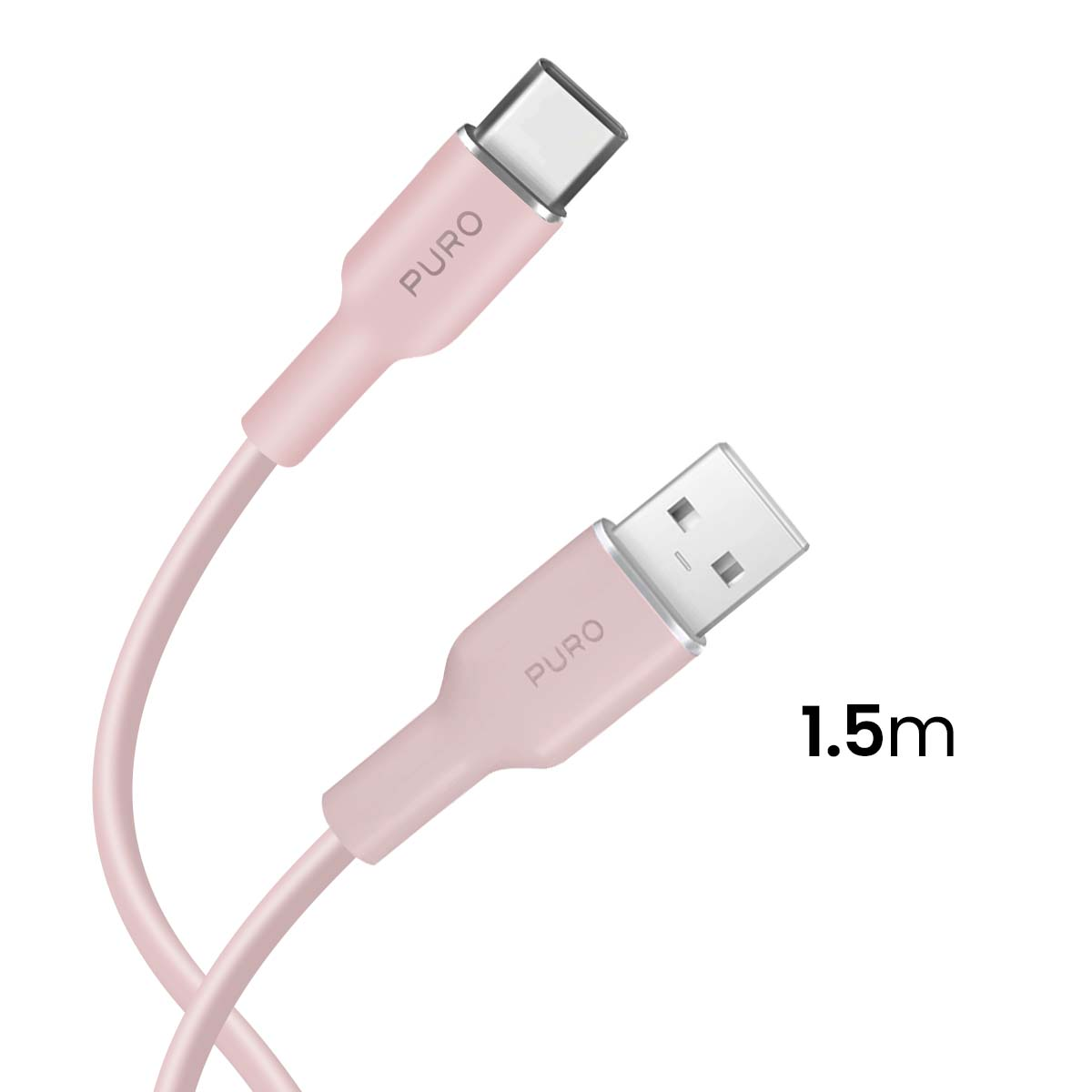 Różowy kabel USB-C do USB-A firmy Puro. Kabel ma 1,5 m długości. Złącza są srebrne. Tło jest białe.
