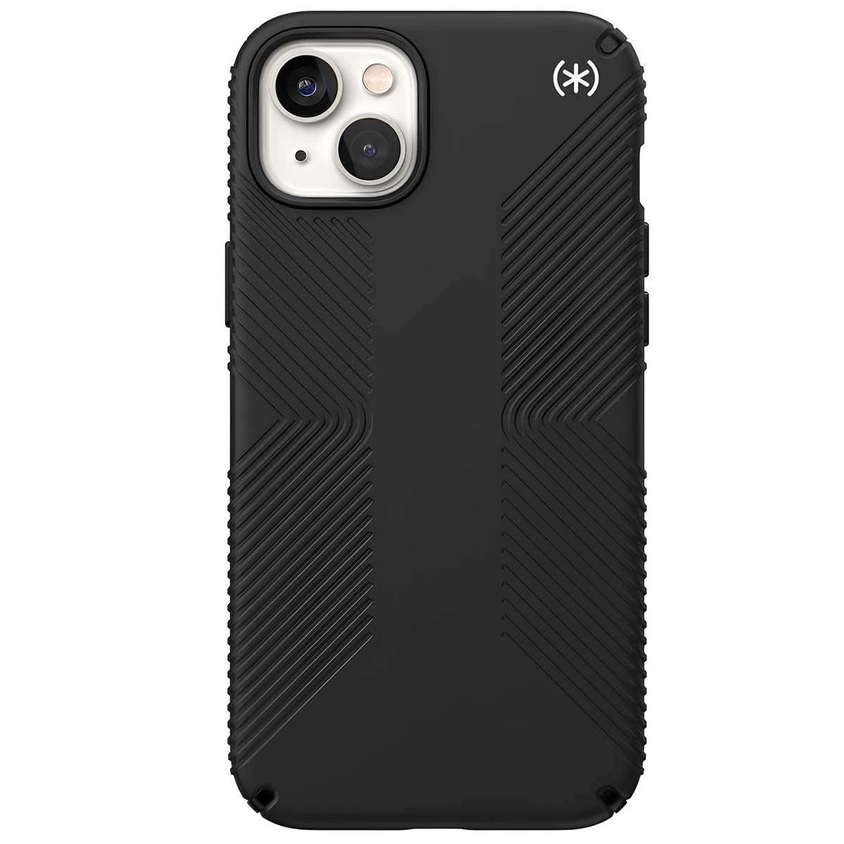 Custodia nera per telefono con fori per fotocamera. Presenta linee strutturate e il logo Speck. Copre un telefono bianco.
