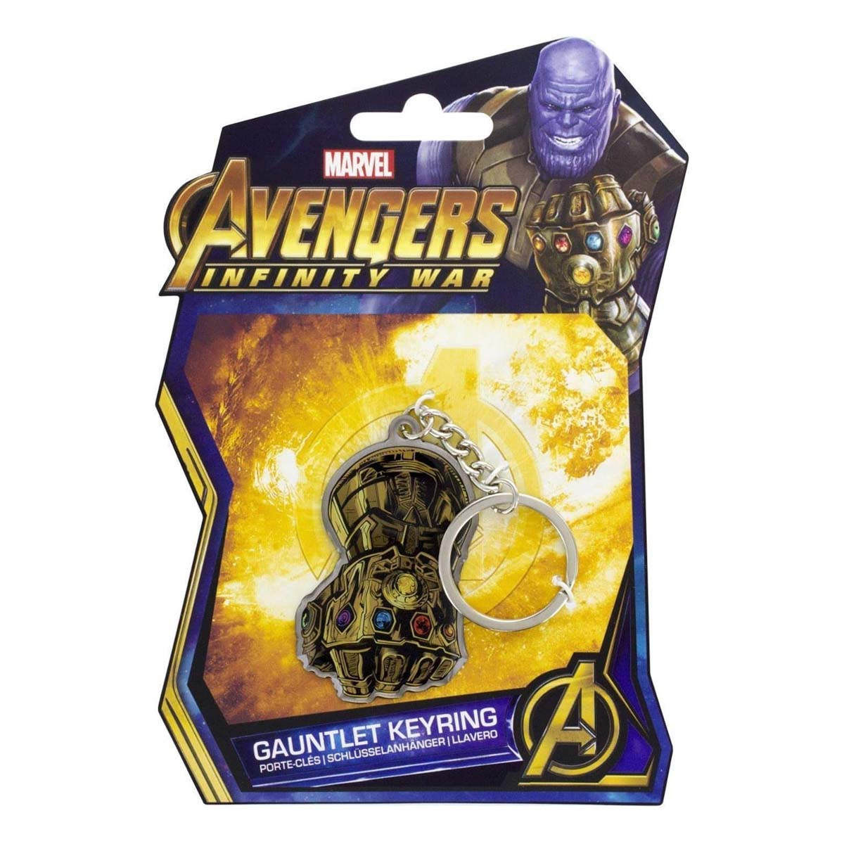Un portachiavi del Guanto dell'Infinito di Marvel Avengers Infinity War. La confezione mostra Thanos e il Guanto dell'Infinito. Il portachiavi è dorato.