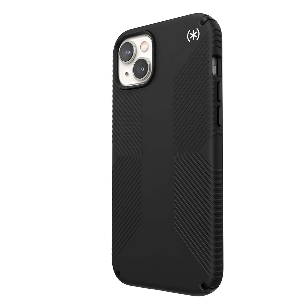 Custodia nera per telefono con doppie lenti della fotocamera e design strutturato. La custodia ha un logo. Lo sfondo è bianco.