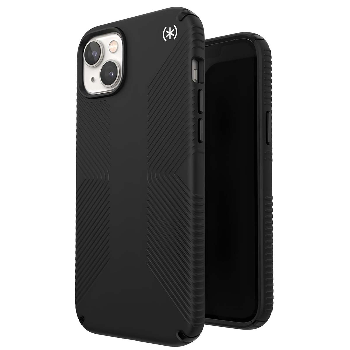 Custodia nera per telefono con retro strutturato. La custodia ha un ritaglio per la fotocamera e un logo. Lo schermo è visibile a destra.