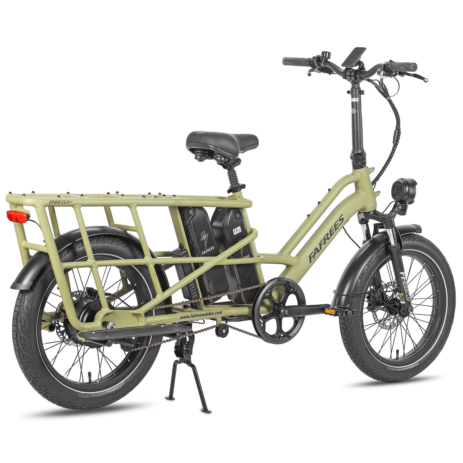 Una bicicleta eléctrica FaFrees verde oliva con portaequipajes, neumáticos negros y asiento negro, sobre fondo blanco.
