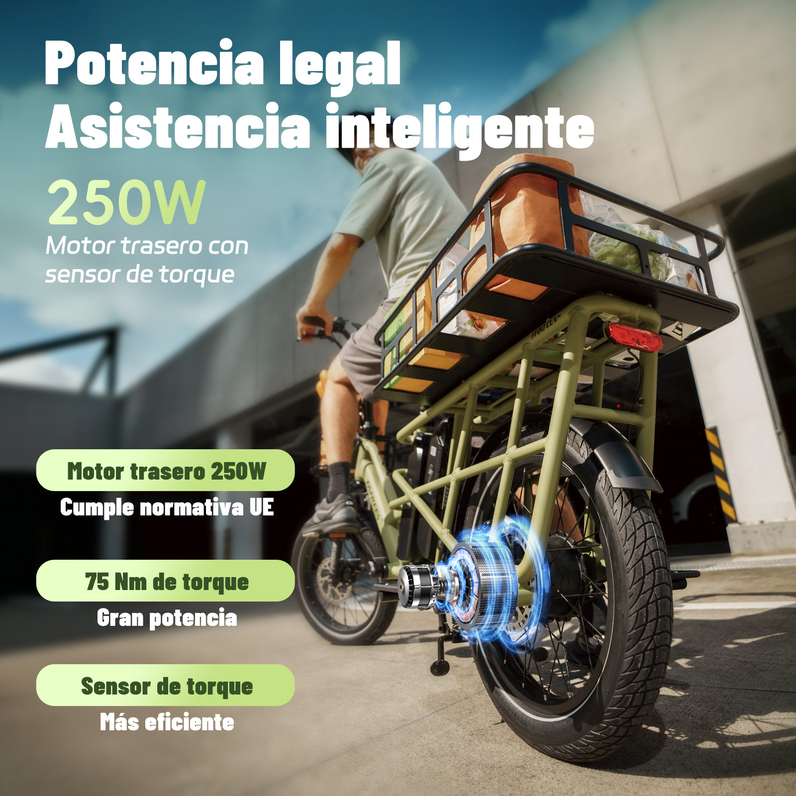 Una bicicleta eléctrica con una persona montándola. La bicicleta tiene una cesta de carga. Superposiciones de texto describen sus características.