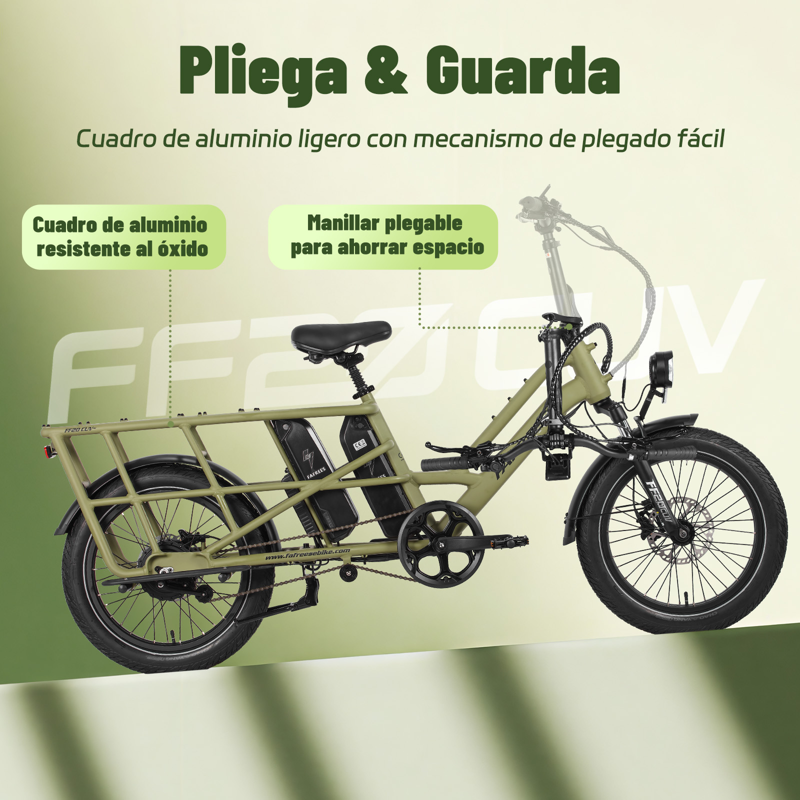 Una bicicleta eléctrica plegable verde oliva con portaequipajes trasero y neumáticos negros. El texto destaca el cuadro de aluminio y el manillar plegable.