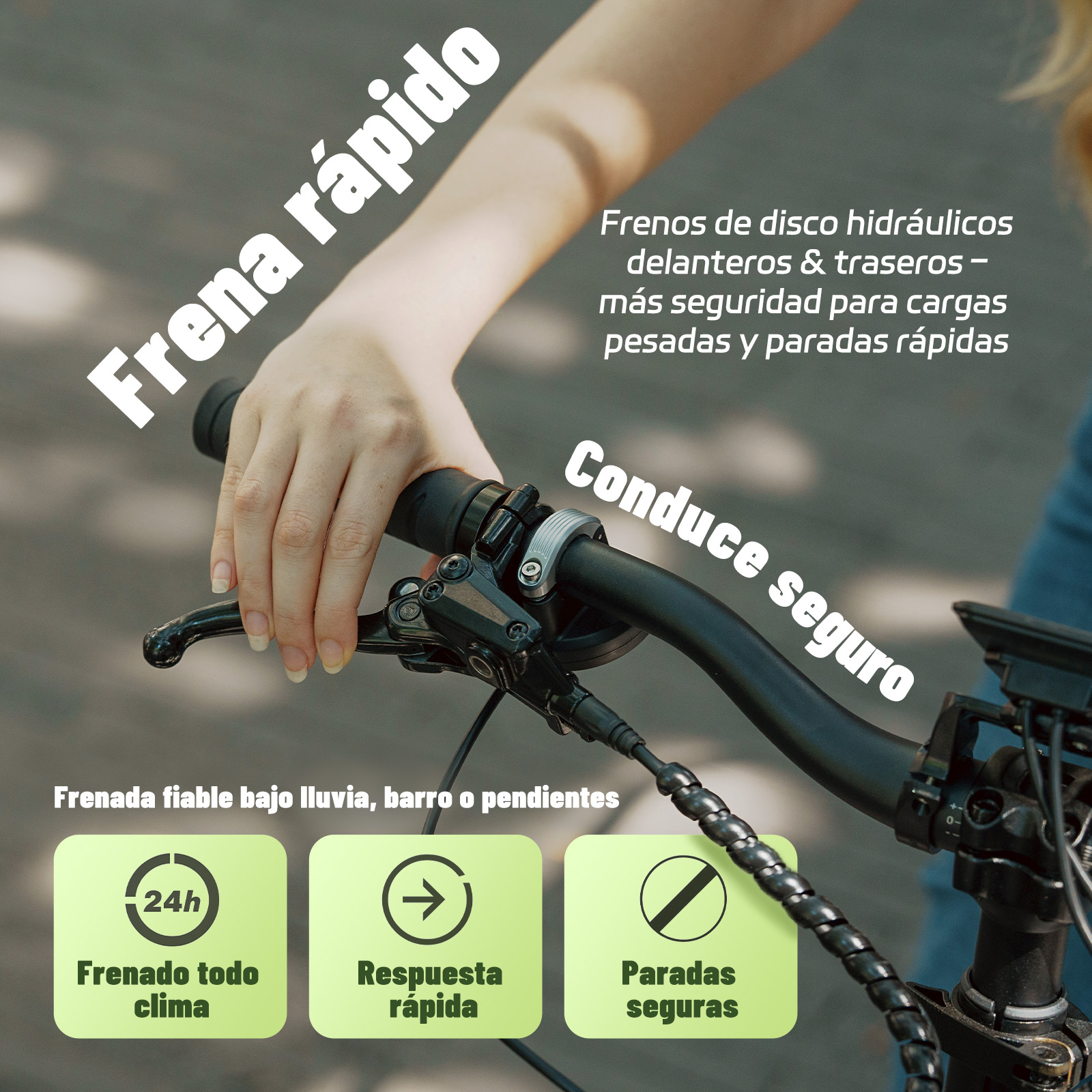 Mano en manillar negro de bicicleta con palanca de freno. Texto: frenado rápido, conducción segura, frenado fiable en lluvia, barro o pendientes.