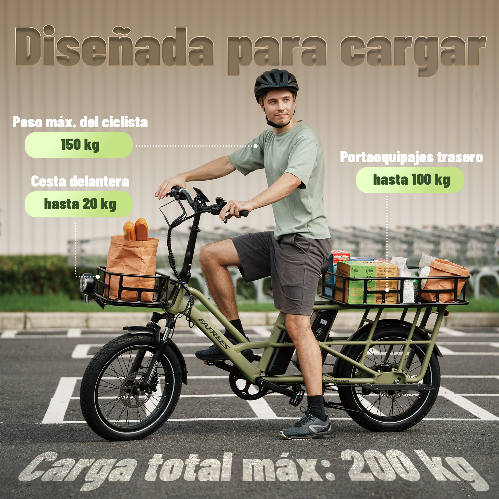 Hombre en bicicleta eléctrica de carga con casco, transportando comestibles. Texto muestra límites de peso.