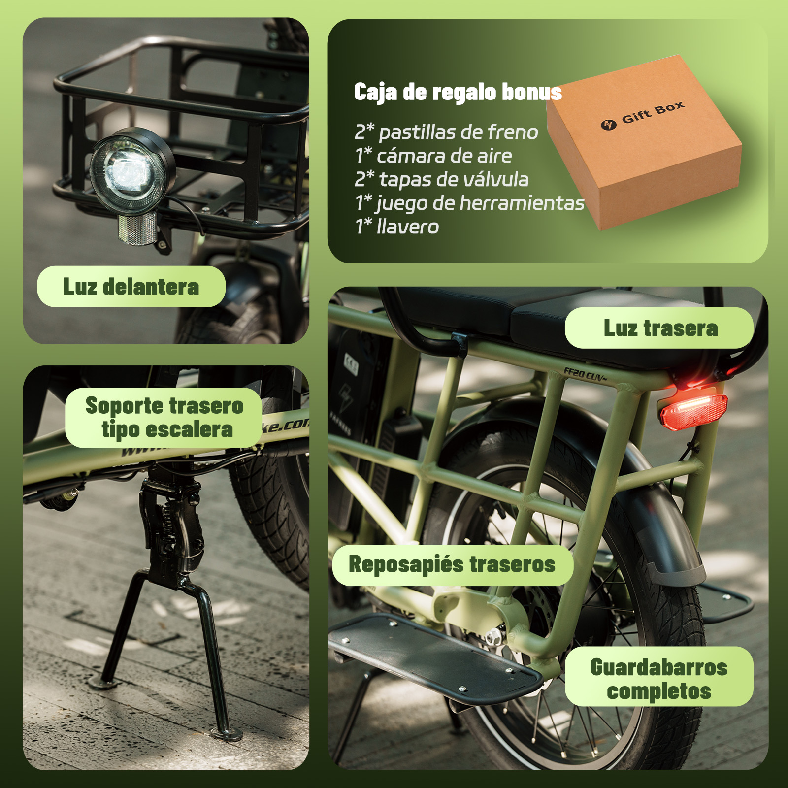 Una bicicleta eléctrica verde oliva con luz delantera, luz trasera, reposapiés traseros y una caja de regalo extra.