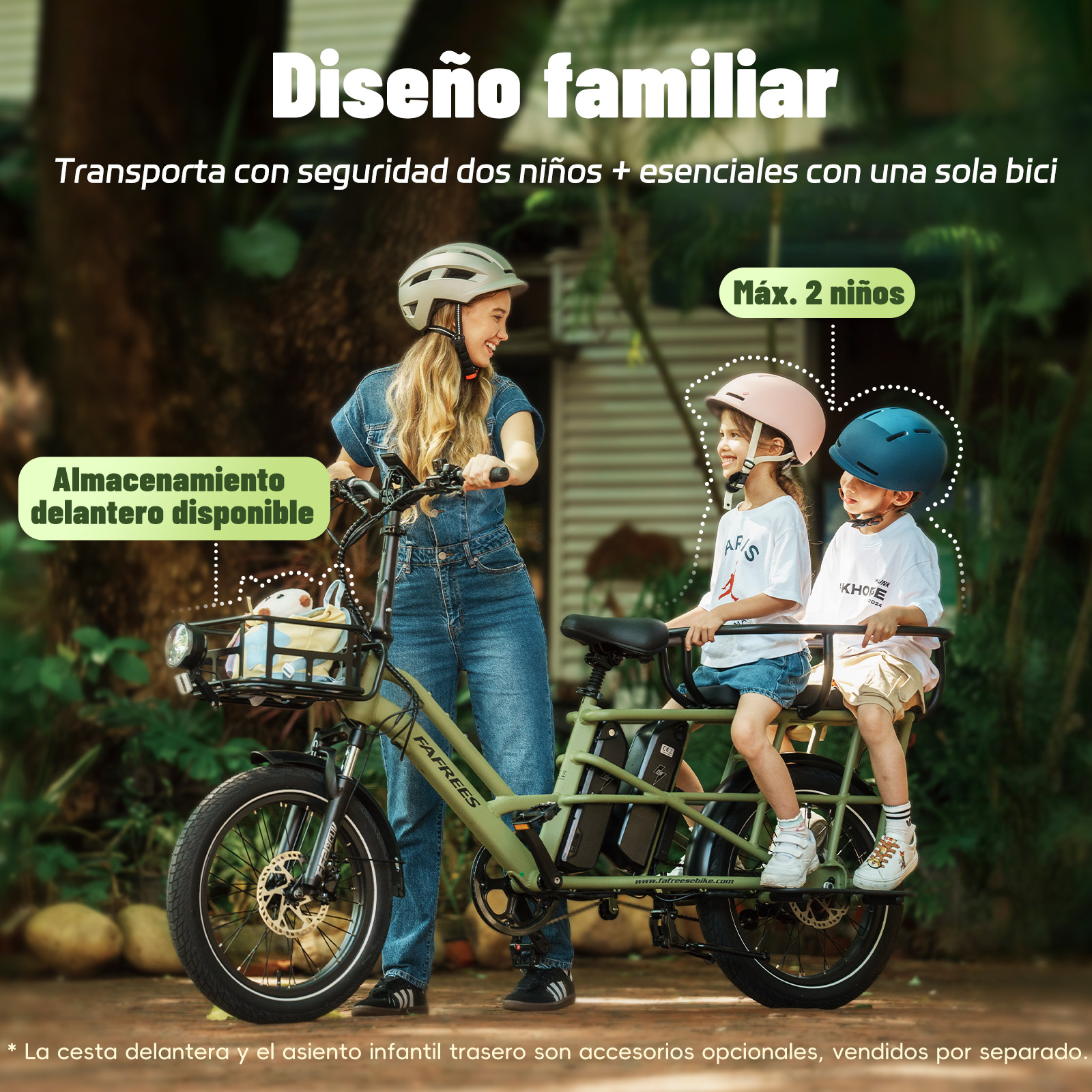 Una mujer y dos niños en una bicicleta eléctrica. La bicicleta tiene una cesta delantera y los niños usan cascos.