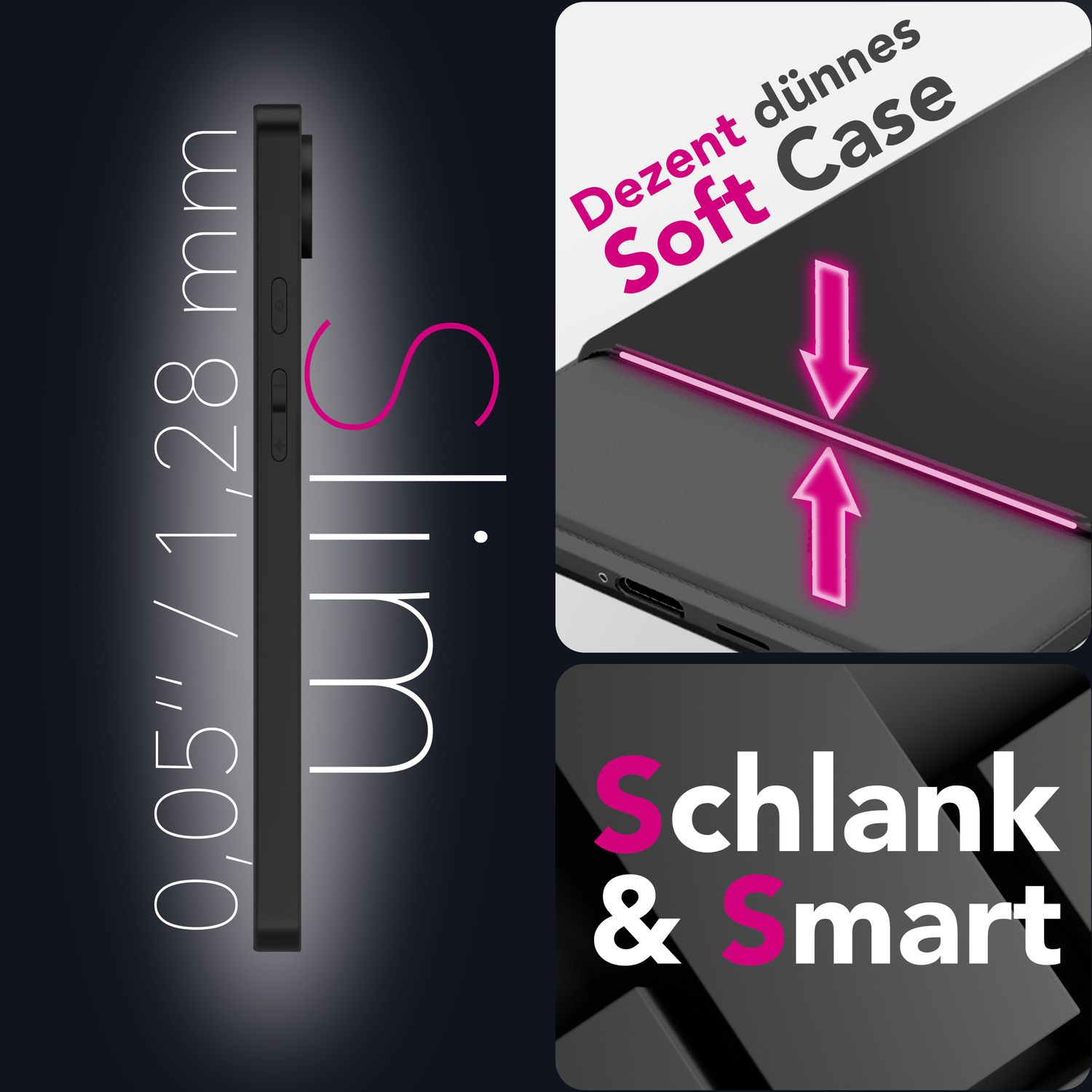 Das Bild zeigt eine schwarze Handyhülle mit dem Wort 'Slim' und Abmessungen. Text sagt 'Soft Case', 'Schlank & Smart'.