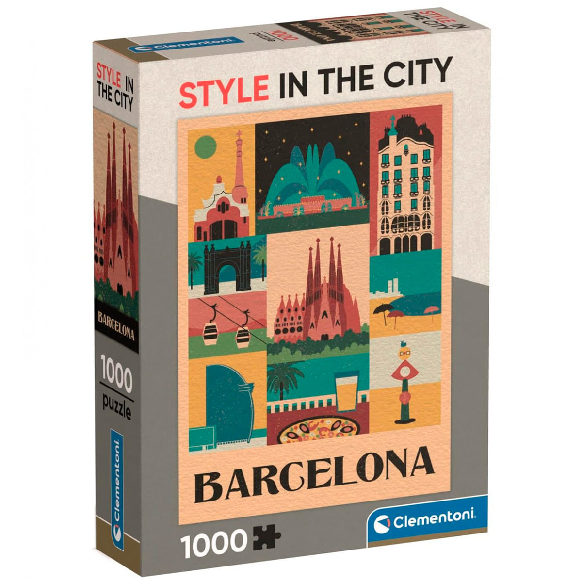Caja de rompecabezas titulada 'Style in the City Barcelona'. Muestra ilustraciones arquitectónicas de la ciudad, la Sagrada Familia y un teleférico.