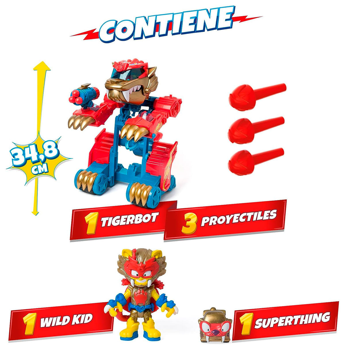 La imagen muestra un juego de juguetes: figuras de Tigerbot, Wild Kid y Superthing, con 3 proyectiles. El texto en la parte superior dice 'CONTIENE'.