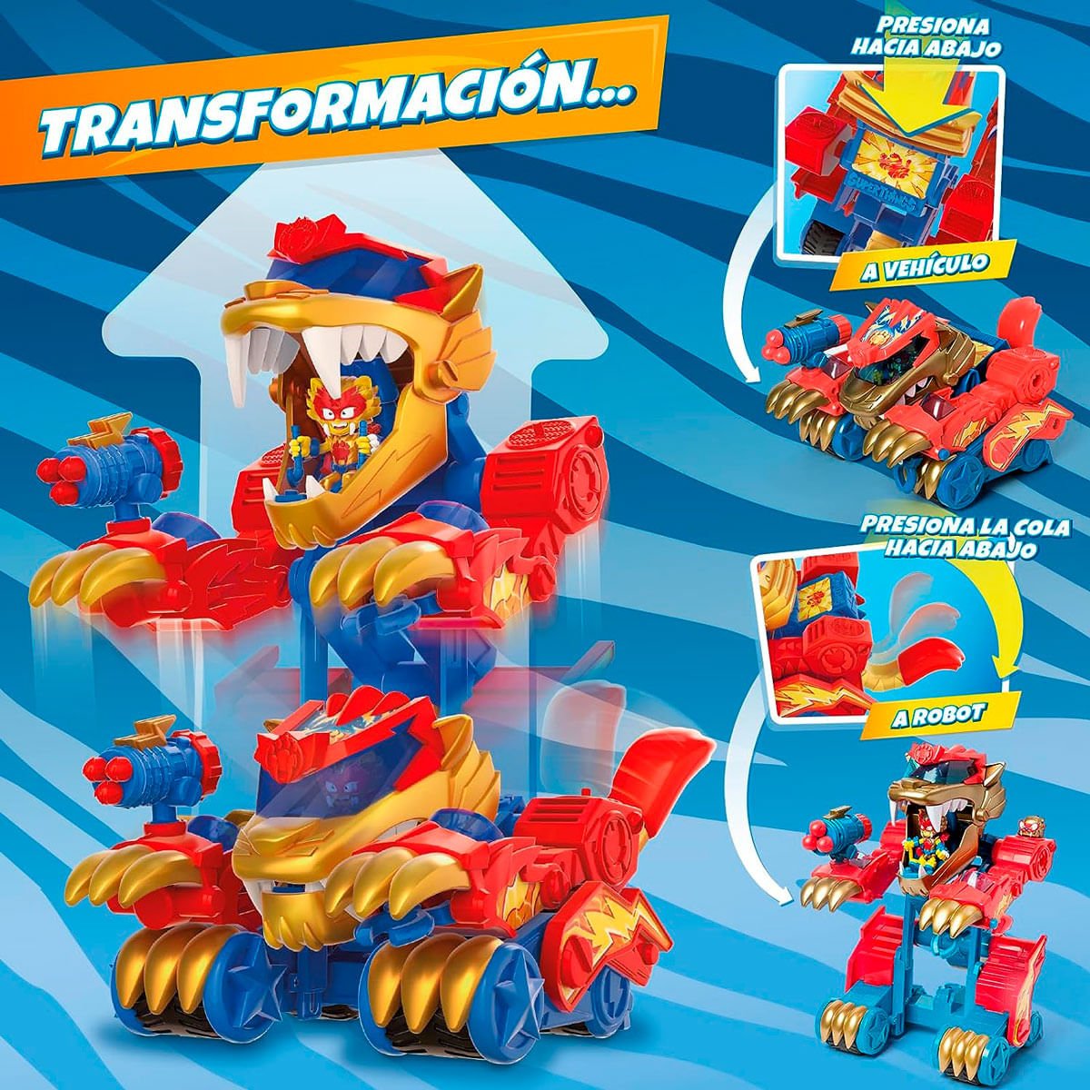 Un juguete transformable con un robot con forma de león y un vehículo. Tiene colores azul, rojo y dorado. Una pequeña figura está dentro del robot.