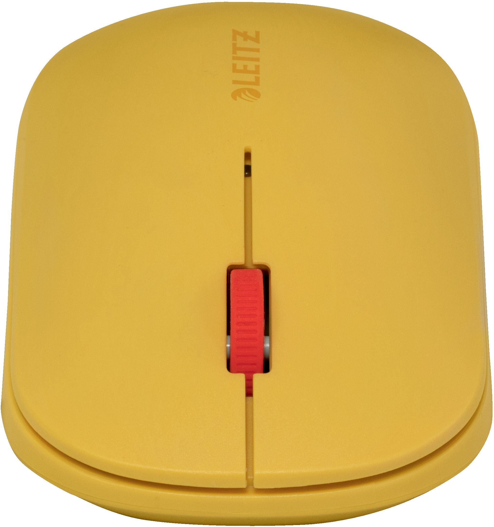 Żółta bezprzewodowa mysz Leitz. Posiada czerwone kółko przewijania i podzieloną konstrukcję przycisków.