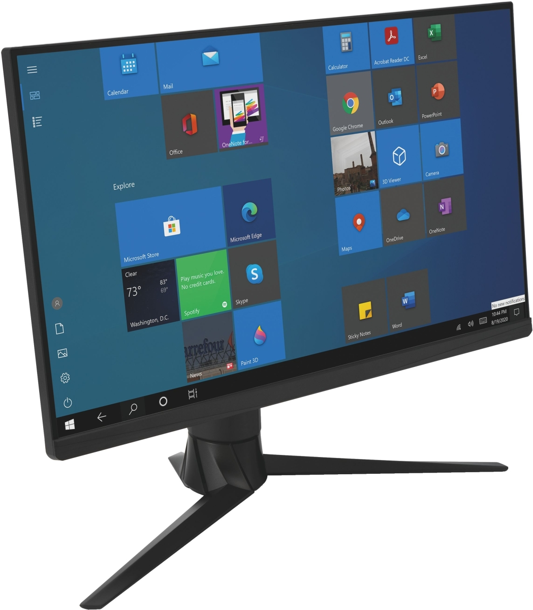 Ein schwarzer Computermonitor zeigt einen Windows-Desktop mit verschiedenen App-Symbolen. Der Monitor steht auf einem schwarzen Ständer, vor weißem Hintergrund.