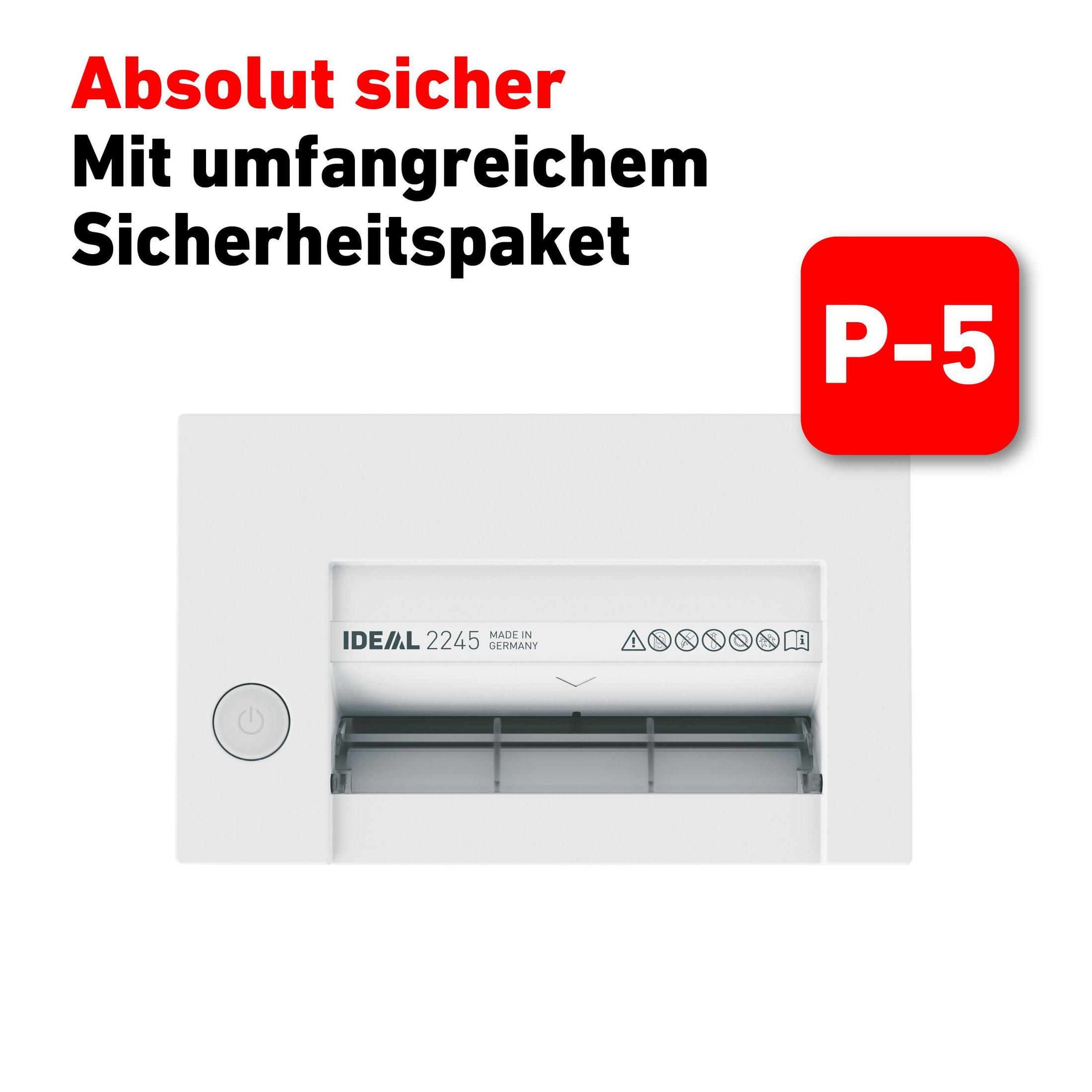 Weißes Bedienfeld mit Text 'Absolut sicher' und 'Sicherheitspaket'. Ein rotes P-5-Schild befindet sich oben rechts.
