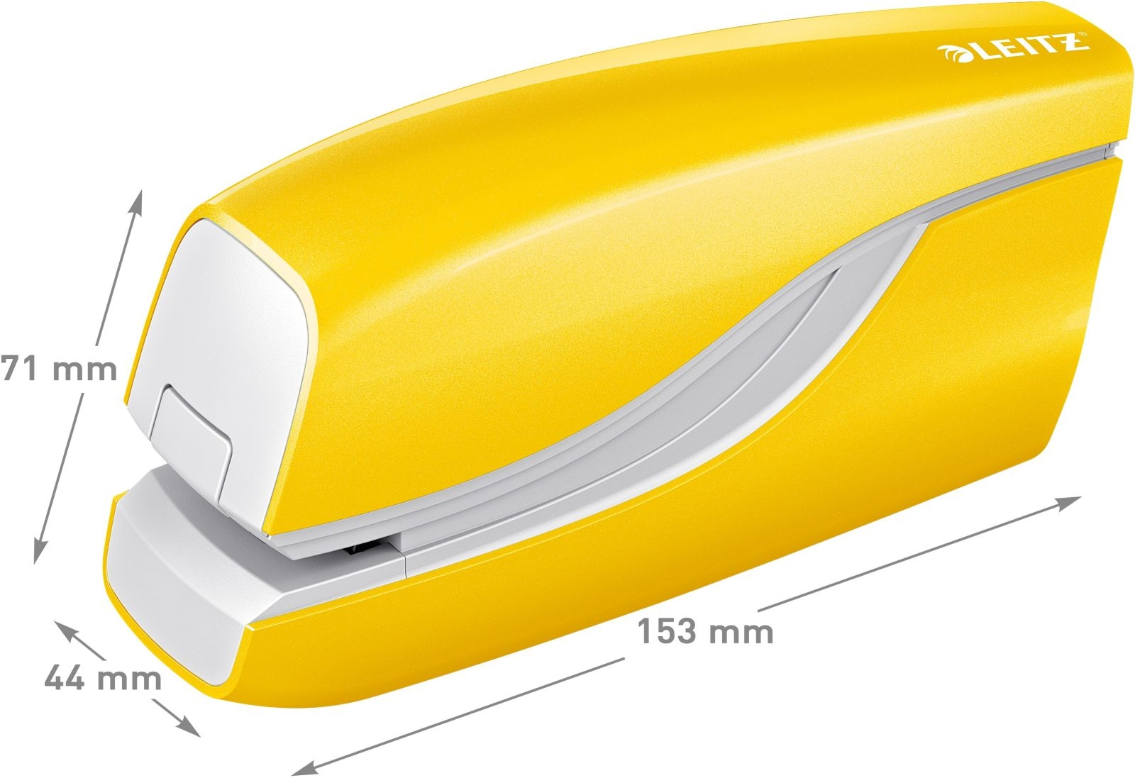 Gelber Leitz-Tacker mit weißen Akzenten, Abmessungen angegeben. Das Leitz-Logo ist sichtbar. 153 mm lang, 71 mm hoch und 44 mm breit.