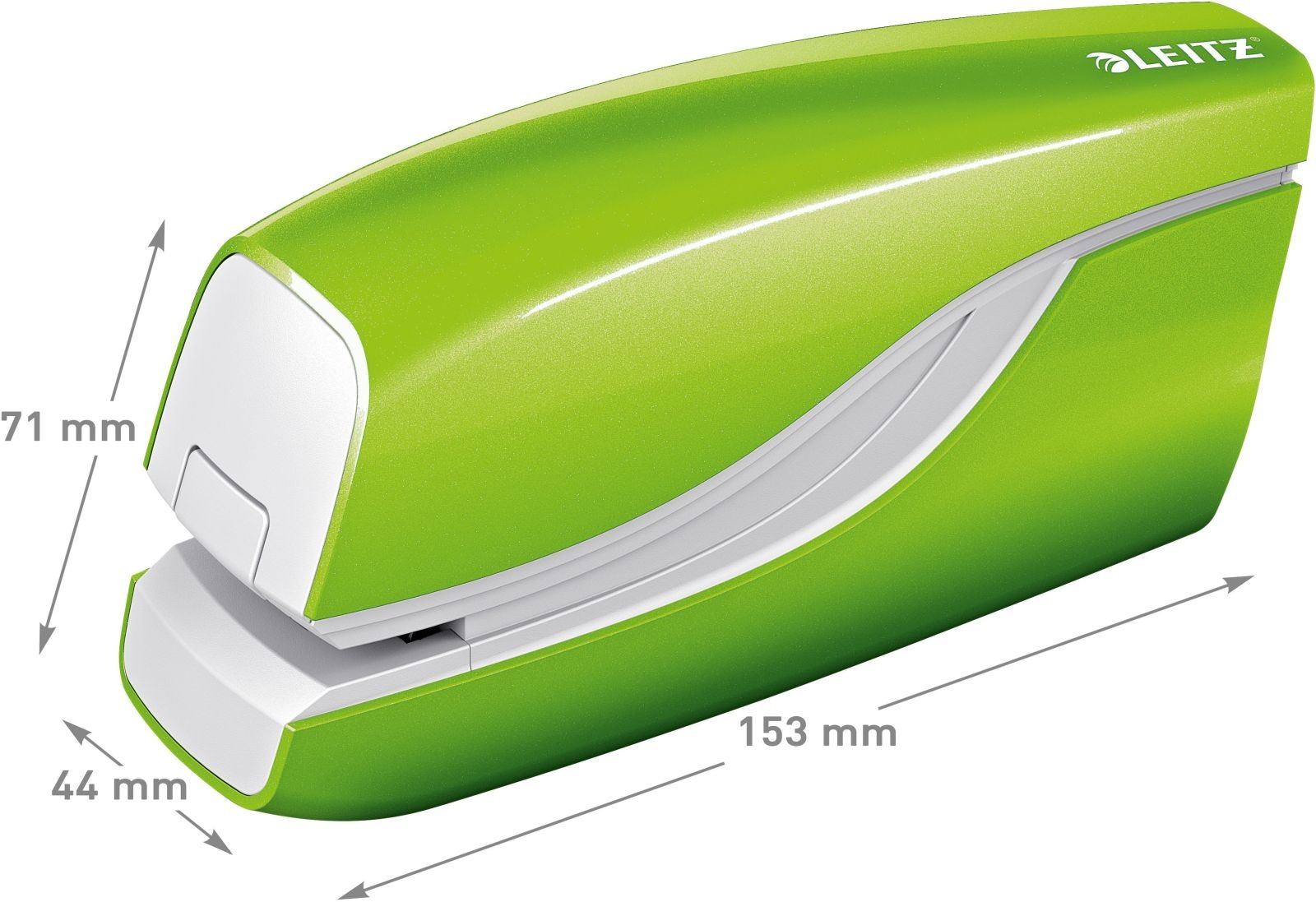 Grüner und weißer Leitz-Tacker. Gezeigte Maße: 153 mm lang, 71 mm hoch und 44 mm breit. Leitz-Logo oben rechts.