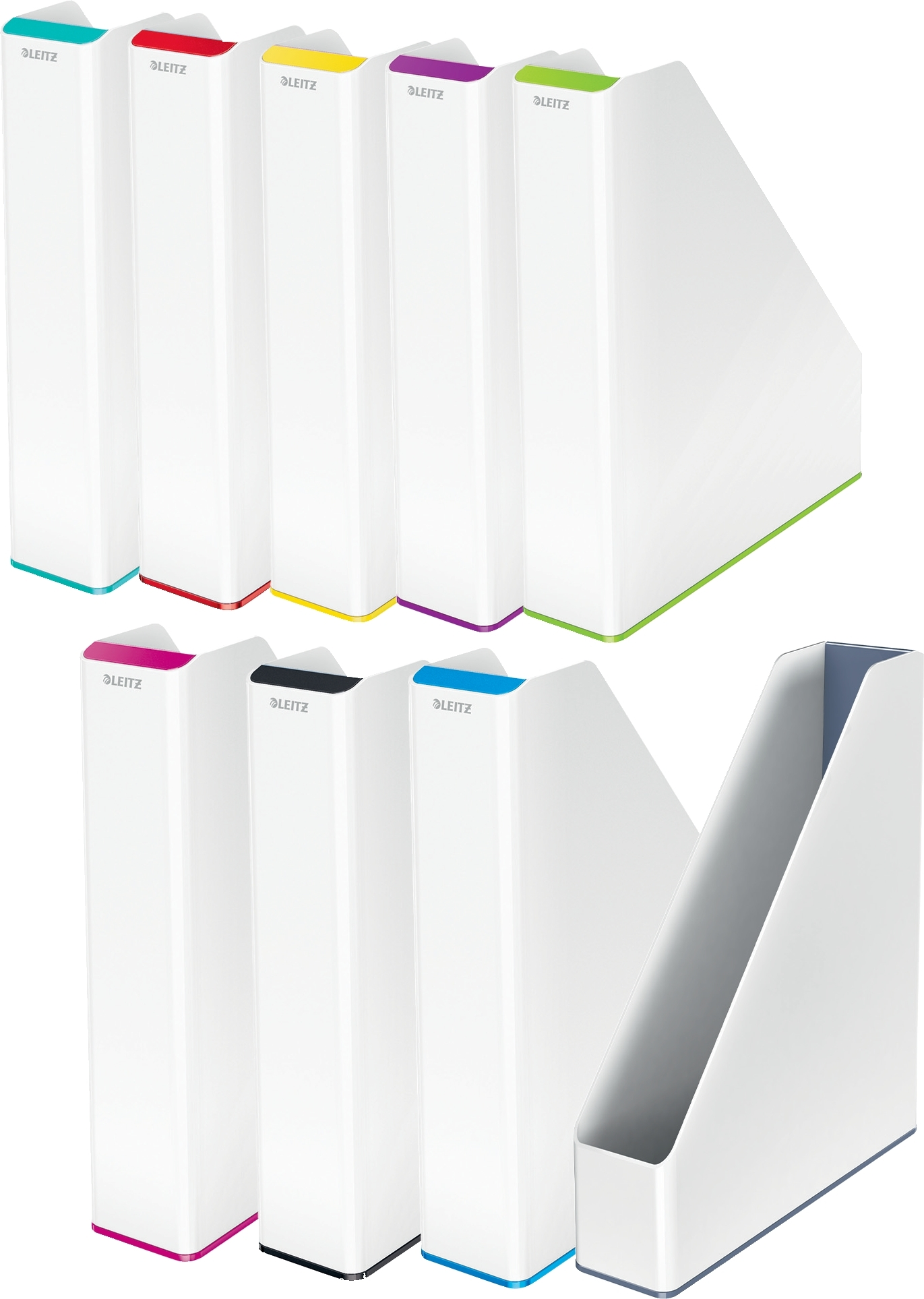 Białe teczki Leitz z kolorowymi akcentami: turkusowym, czerwonym, żółtym, fioletowym, zielonym, różowym, czarnym, niebieskim. Część pochylona.