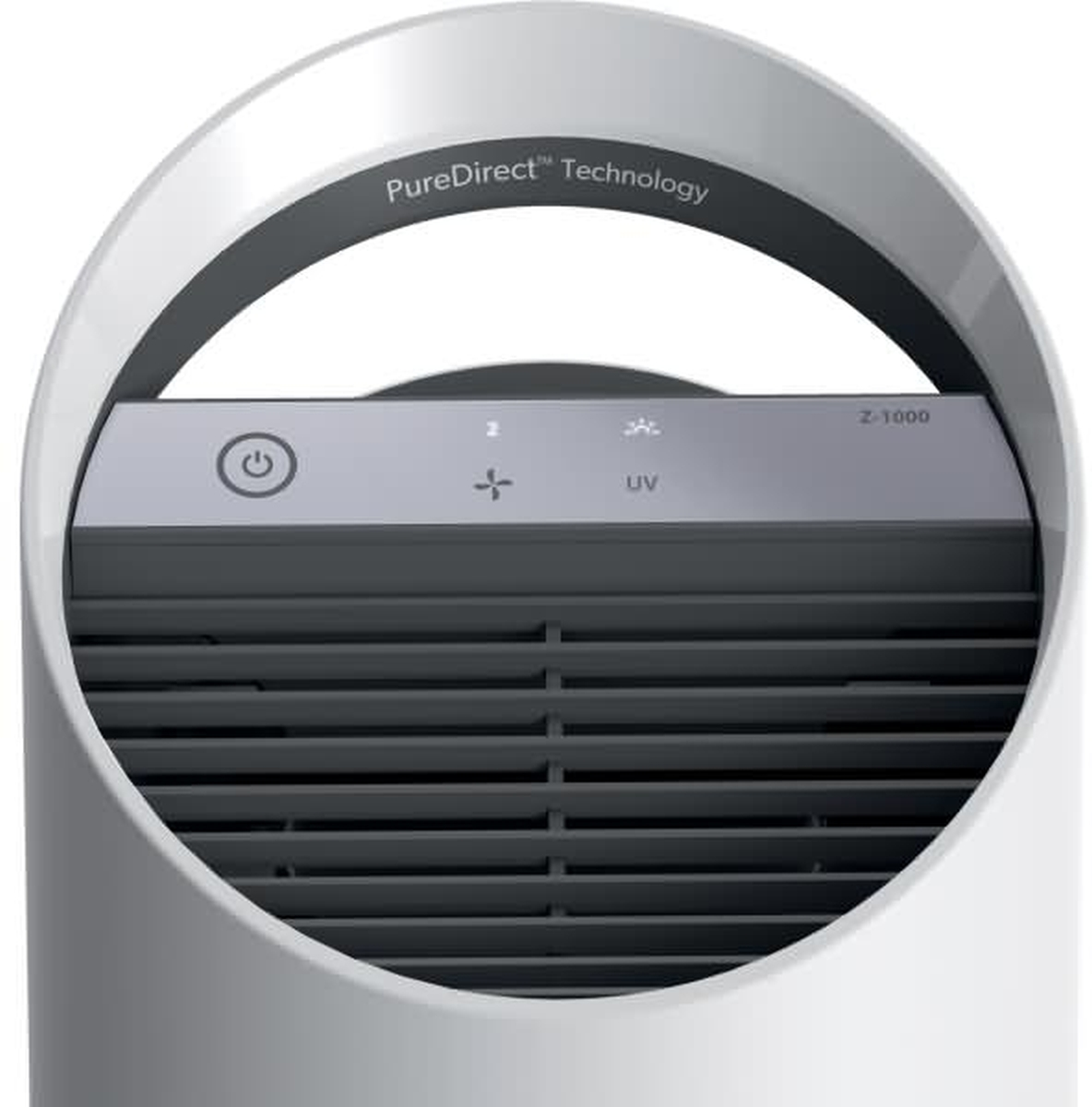 Weißer Luftreiniger mit grauem Bedienfeld. Er hat Tasten für Ein/Aus, Lüftergeschwindigkeit und UV-Licht. Oben steht PureDirect Technology.