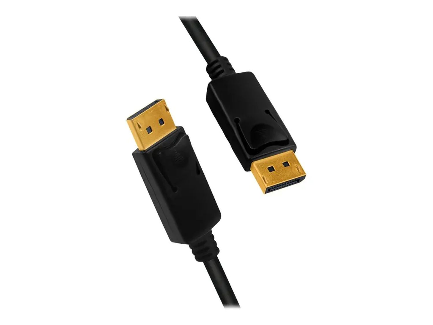 Dwa czarne kable DisplayPort ze złotymi złączami na białym tle. Jedno złącze jest pod kątem.
