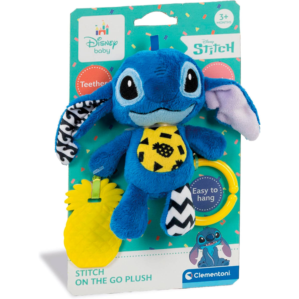 Un peluche blu di Stitch con un massaggiagengive ad ananas giallo, attaccato a un supporto di cartone con testo e loghi. Facile da appendere.
