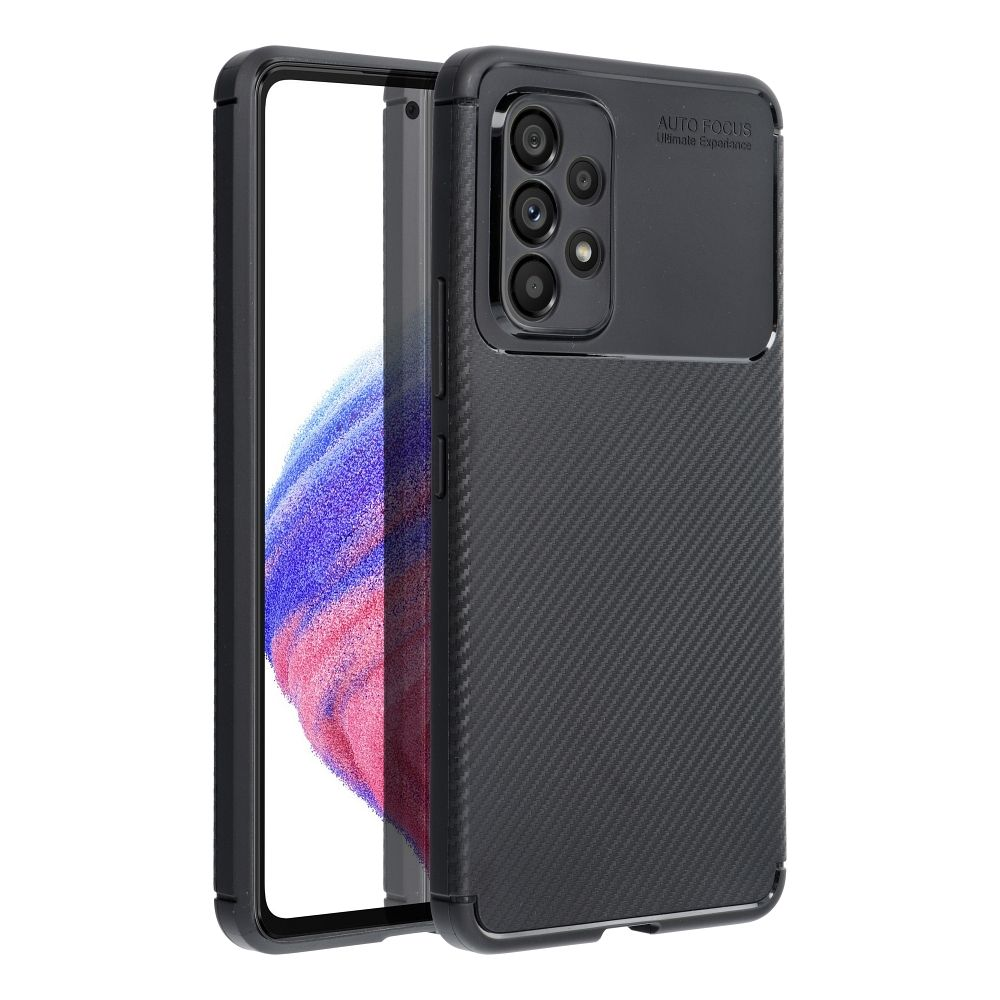 Una custodia nera per telefono con retro strutturato, che mostra un telefono con display vibrante. La custodia ha ritagli per la fotocamera.