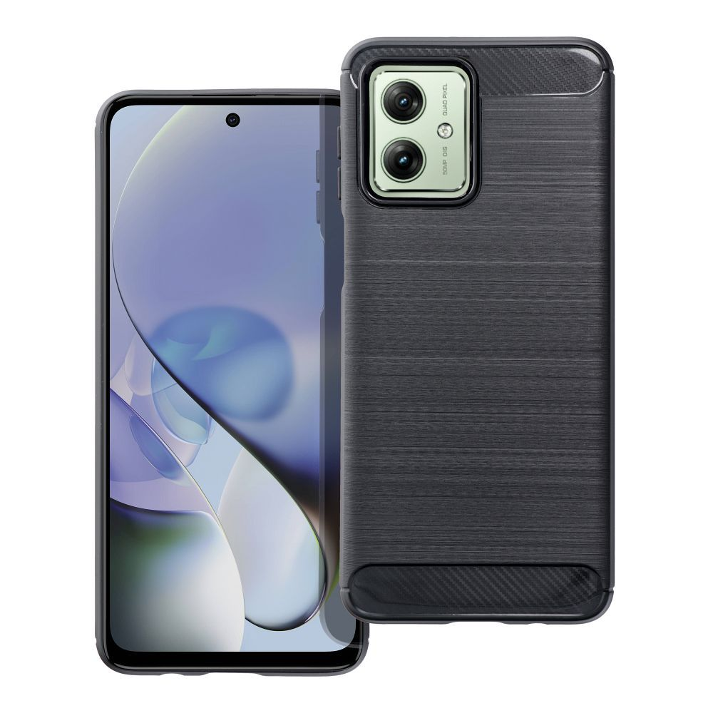 Smartphone con custodia nera. Lo schermo mostra un design astratto blu e bianco. La custodia ha superficie strutturata.