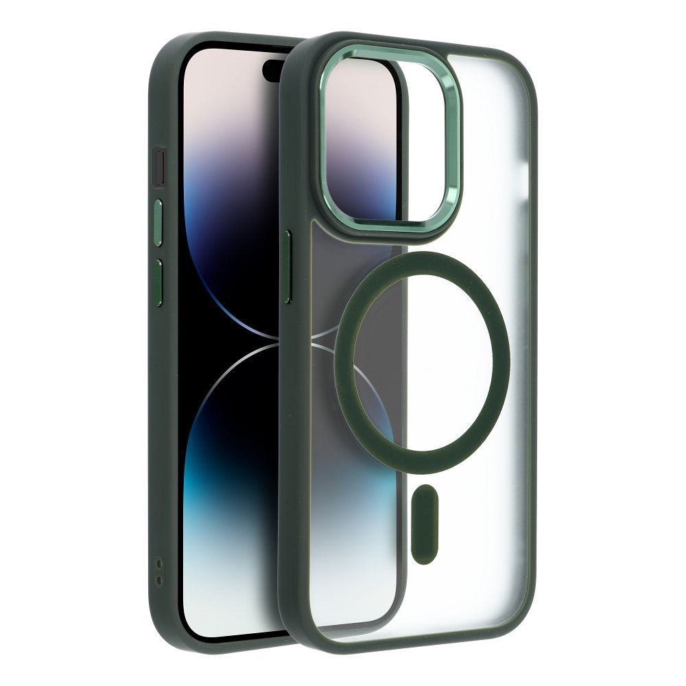 Ein iPhone mit grüner Hülle vor einer transparenten Hülle. Die Hüllen haben grüne Ränder und einen kreisförmigen Magnetring.