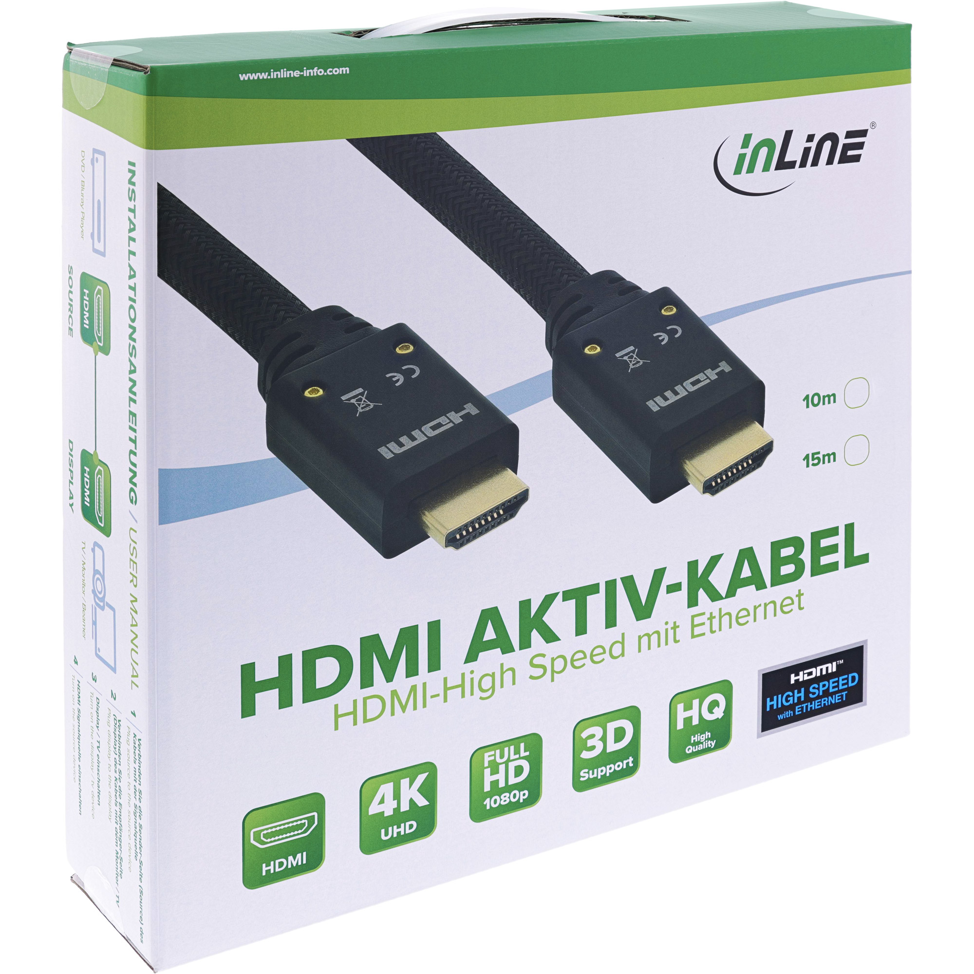 Doos met HDMI-kabels. Er staat 'HDMI Aktiv-Kabel'. Het heeft een groen en wit kleurenschema.
