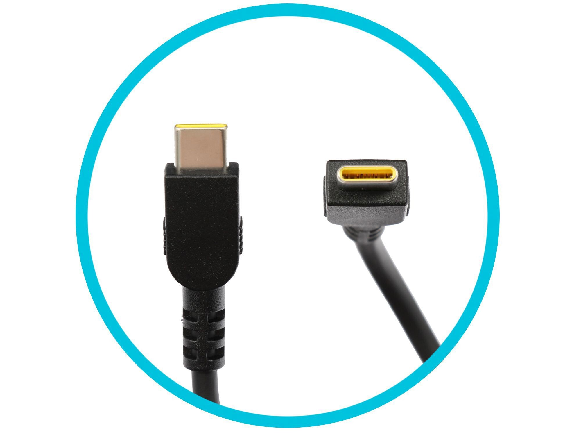 Zwei schwarze Ladekabel mit gelben Steckern, eines gerade und eines abgewinkelt, vor weißem Hintergrund in einem blauen Kreis.