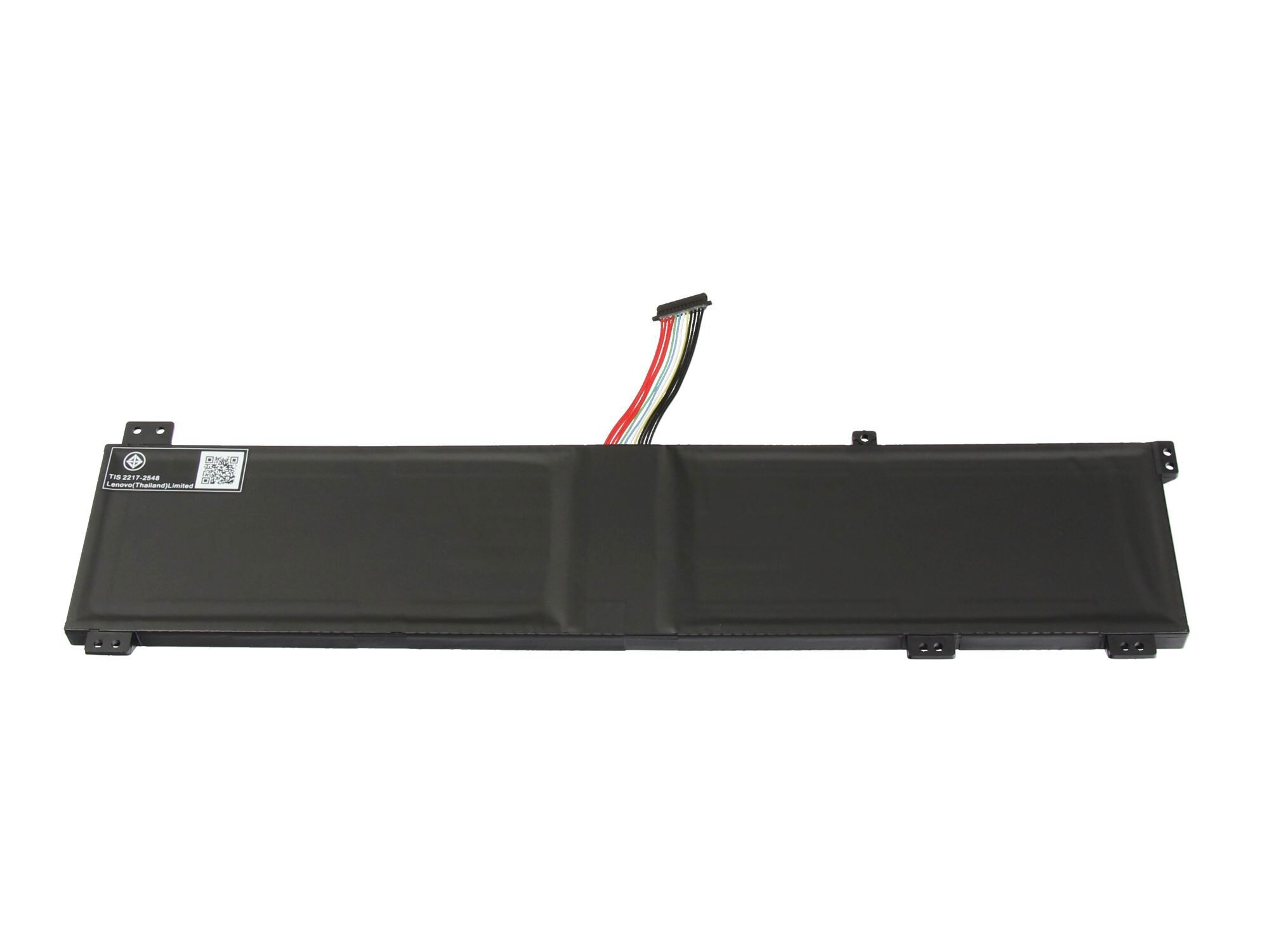 Ein schwarzer Laptop-Akku mit mehrfarbigen Drähten, die sich von einem Ende erstrecken. Auf der Oberfläche des Akkus befindet sich ein Etikett.