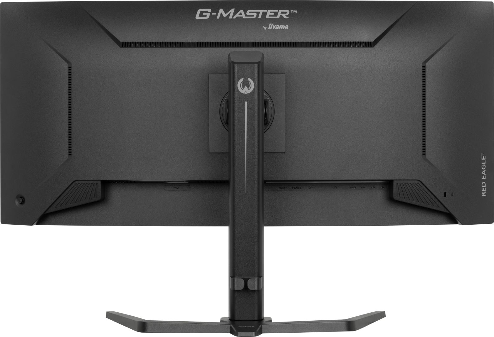 Zwarte computermonitor achterkant. Heeft een standaard en poorten. Merk is G-MASTER by iiyama. Het model is RED EAGLE.