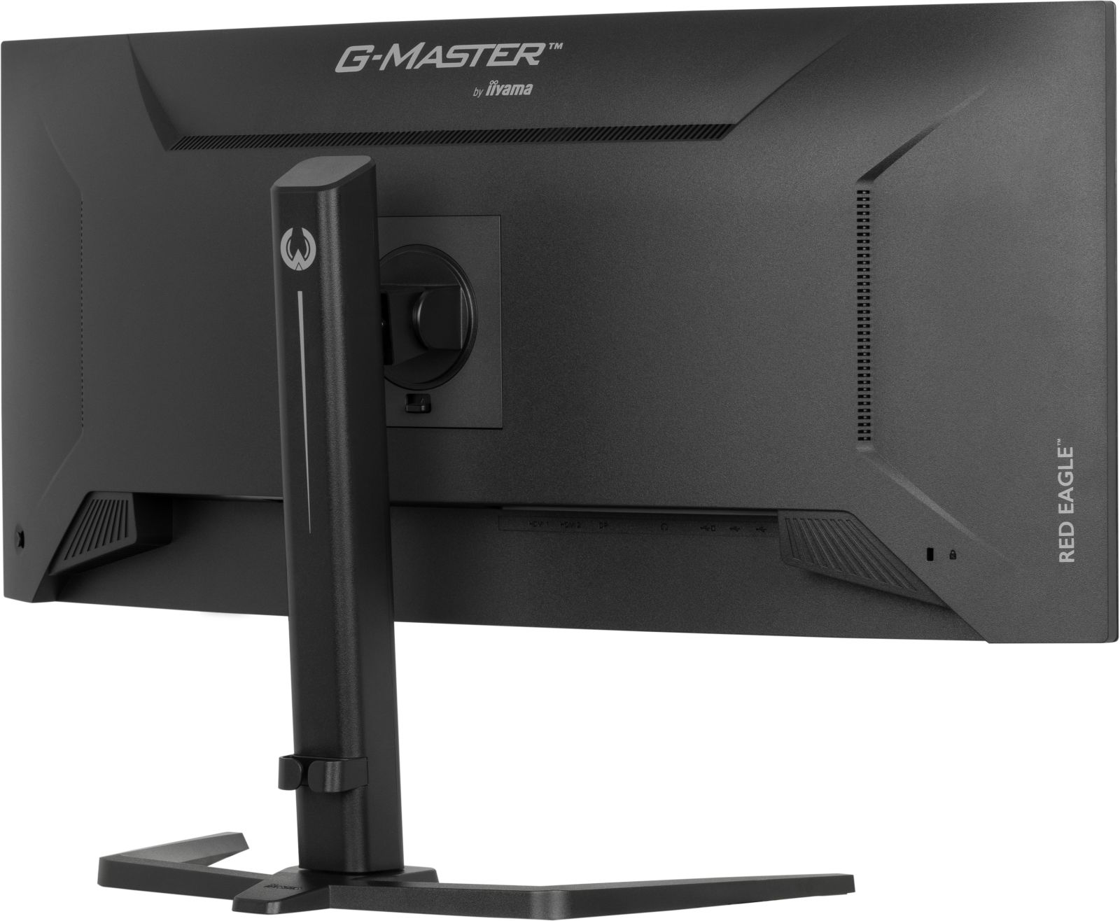 Achterkant van een zwarte computermonitor met logo. Voet en ventilatiegaten zichtbaar. De woorden 'RED EAGLE' staan rechts.