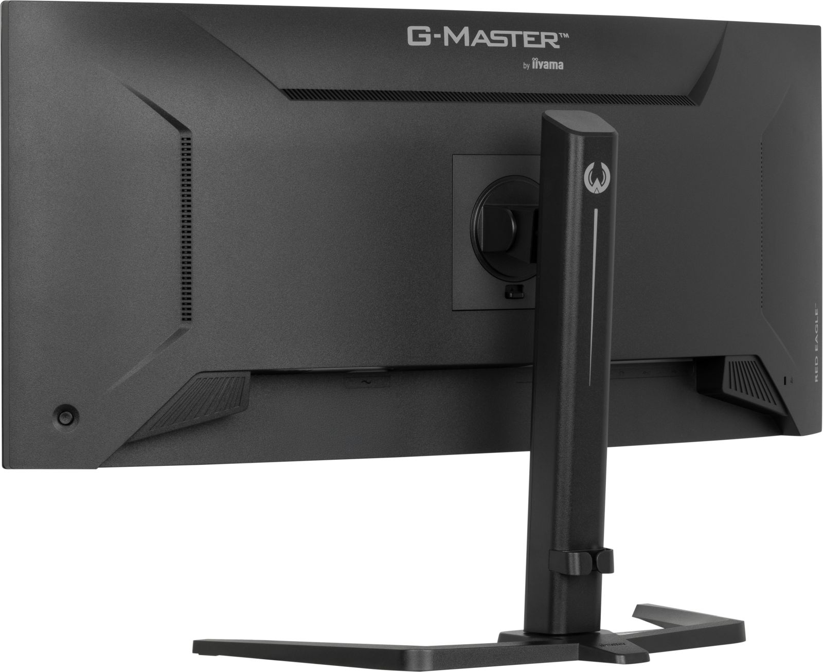 Een zwarte G-MASTER-monitor van Iiyama. De standaard en de achterkant van de monitor zijn zichtbaar. Het Red Eagle-logo staat op de zijkant.