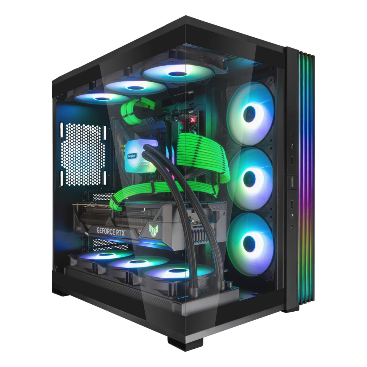 Ein High-End-PC-Gehäuse mit mehreren bunten Lüftern. Im Inneren sind eine GeForce RTX-Grafikkarte und grüne Kabel zu sehen.
