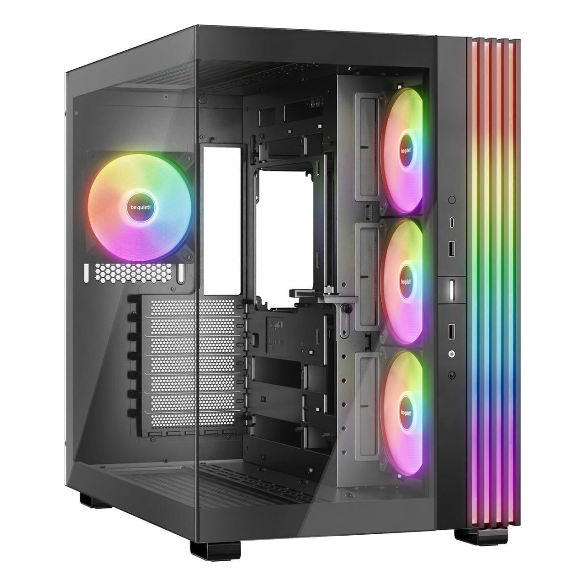 Ein Computergehäuse mit Regenbogen-farbigen Lüftern und Seitenwand. Das Gehäuse hat eine transparente Seite. Die Lüfter sind mit einem lebendigen Spektrum beleuchtet.