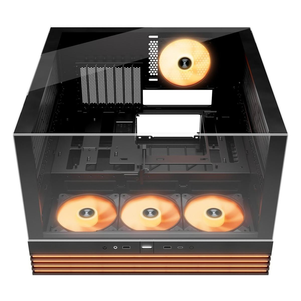 Ein Computergehäuse mit Glaspanel, das orange beleuchtete Lüfter und Komponenten zeigt. Das Gehäuse hat eine kupferfarbene Front.
