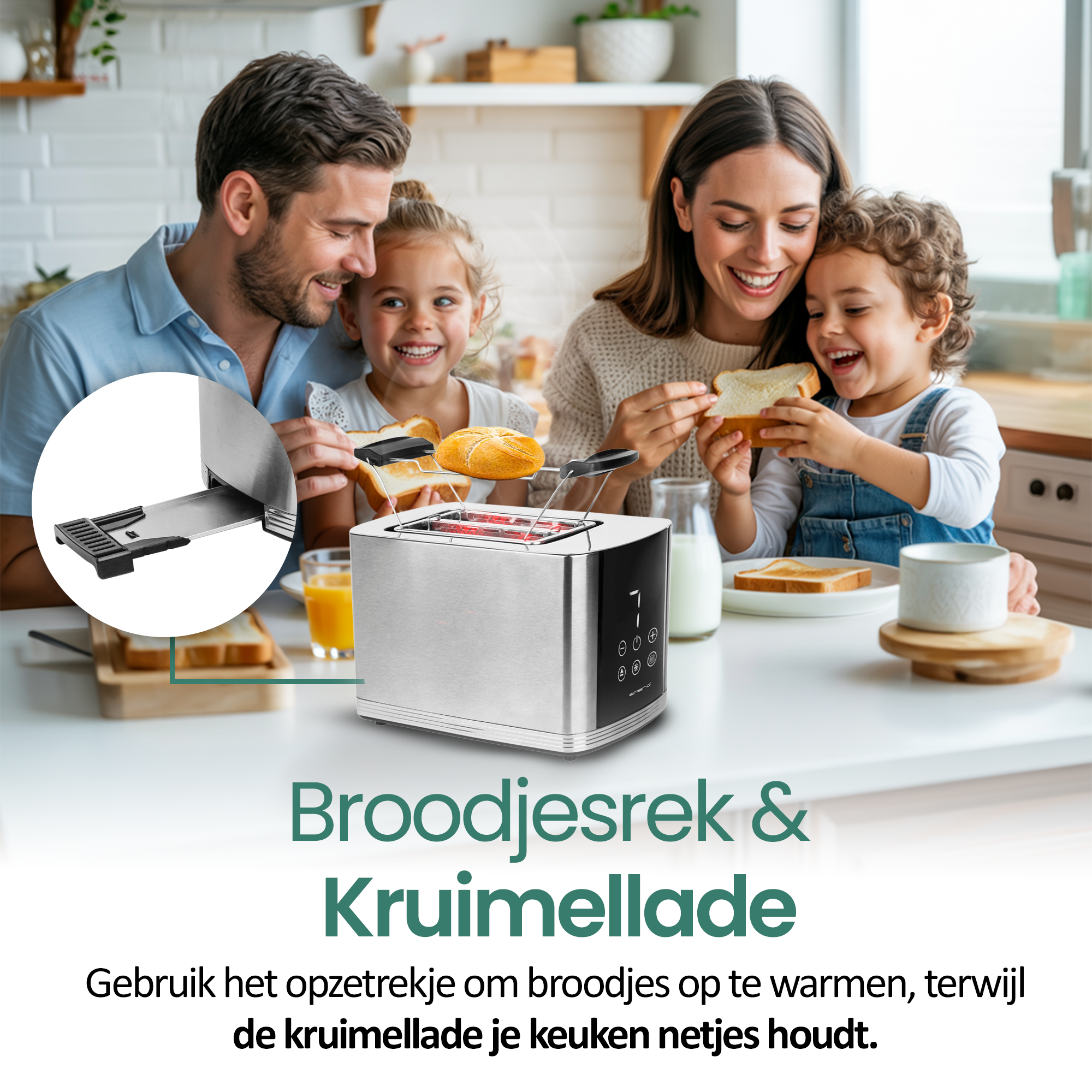 Rodzina przy stole z tosterem, chlebem i napojami. Uśmiechają się i wchodzą w interakcje.