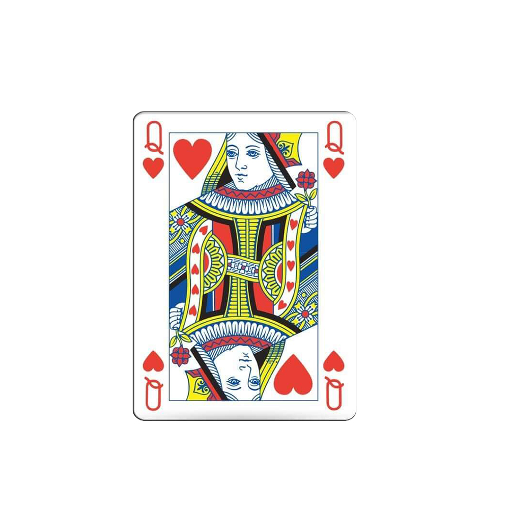 Spielkarte Herz-Dame. Zeigt eine Frau mit Blume. Rote Herzen und der Buchstabe 'Q' sind sichtbar.