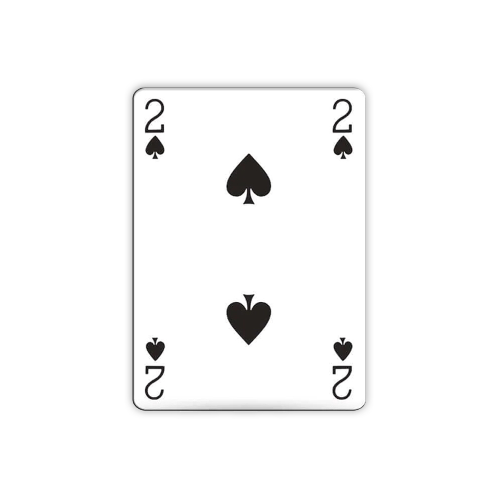 Spielkarte, die Pik Zwei. Weißer Hintergrund mit schwarzen Symbolen. Zwei Pik und die Zahl Zwei sind sichtbar.