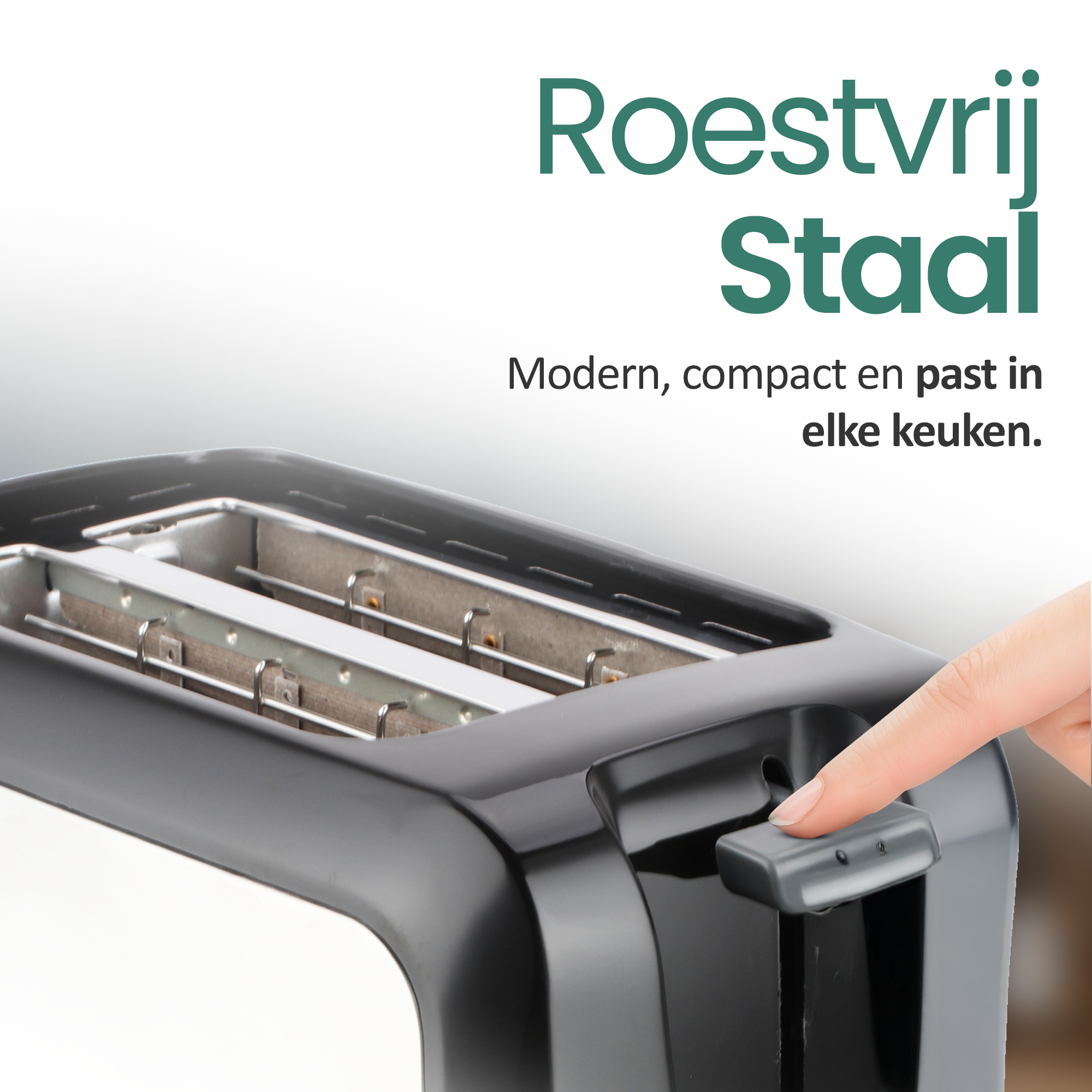 Ein schwarzer Toaster mit einem Finger, der einen Knopf drückt. Der Text oben lautet 'Roestvrij Staal', 'Modern, compact en past in elke keuken'.