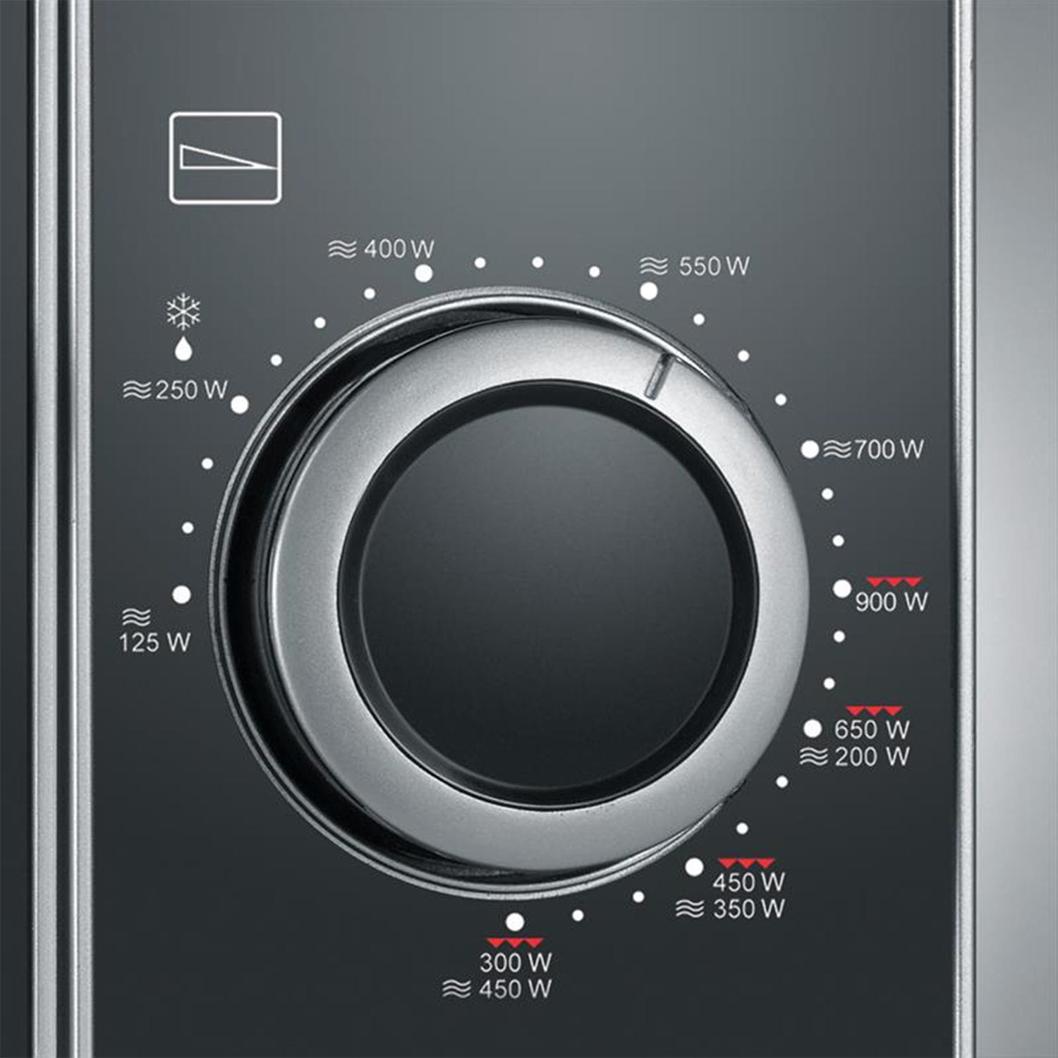 Nahaufnahme eines Mikrowellen-Bedienfelds. Ein Drehregler mit Leistungseinstellungen (125 W bis 900 W) und Symbolen wie Schneeflocke.