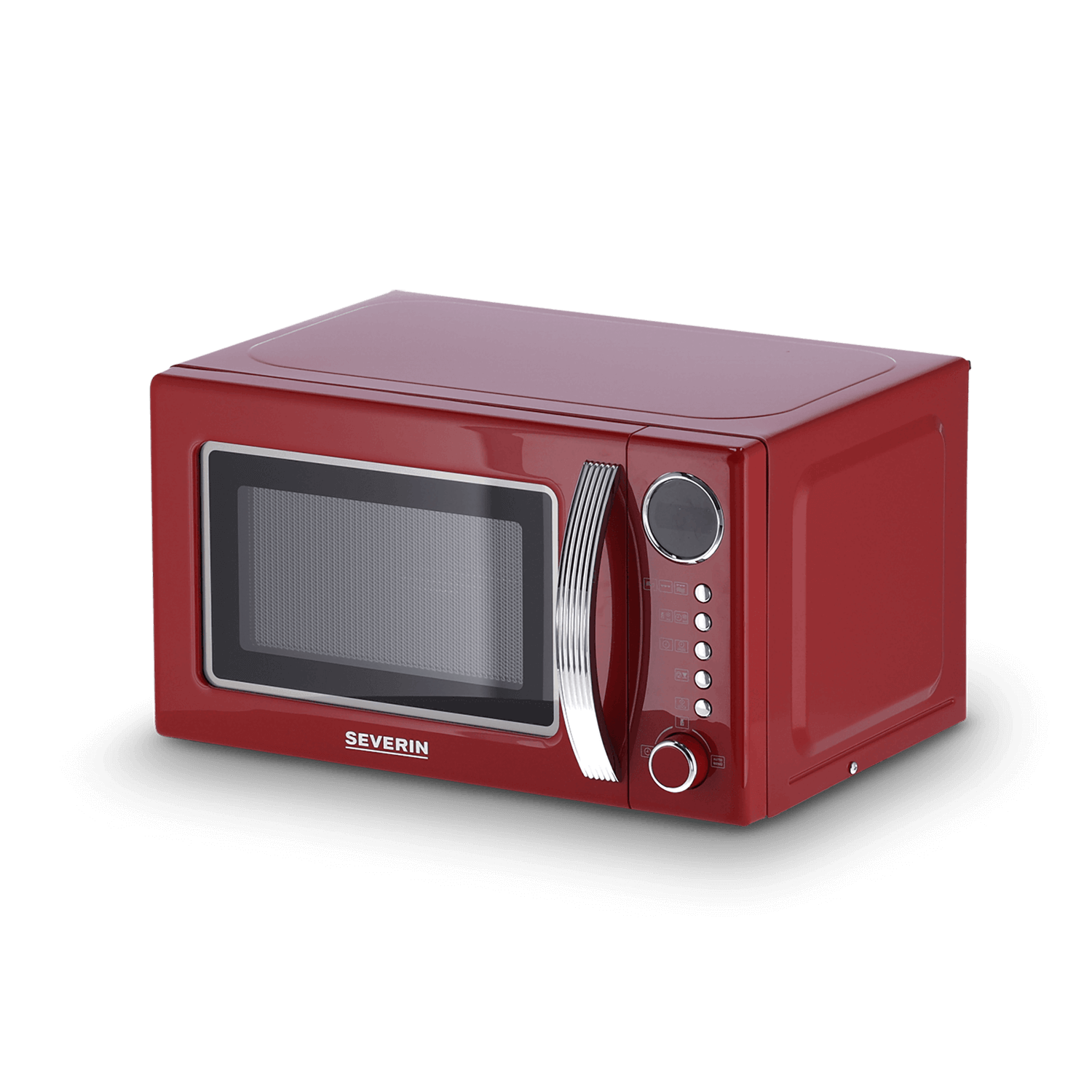 Un forno a microonde rosso su sfondo nero. Ha una maniglia argentata, un quadrante e dei pulsanti. Il marchio è SEVERIN.