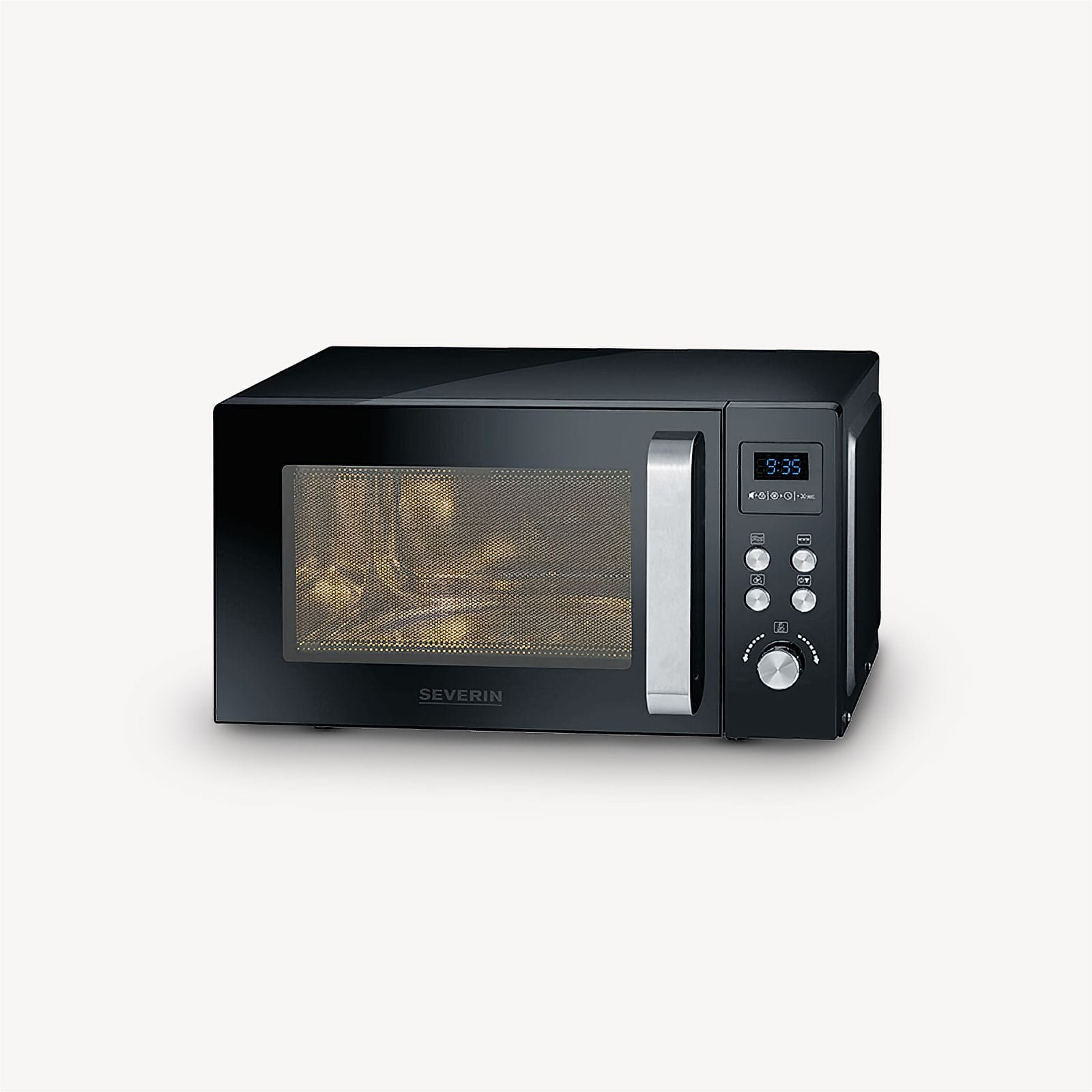 Czarny piekarnik mikrofalowy ze srebrnym uchwytem i wyświetlaczem cyfrowym z godziną 9:35. Marka to SEVERIN.