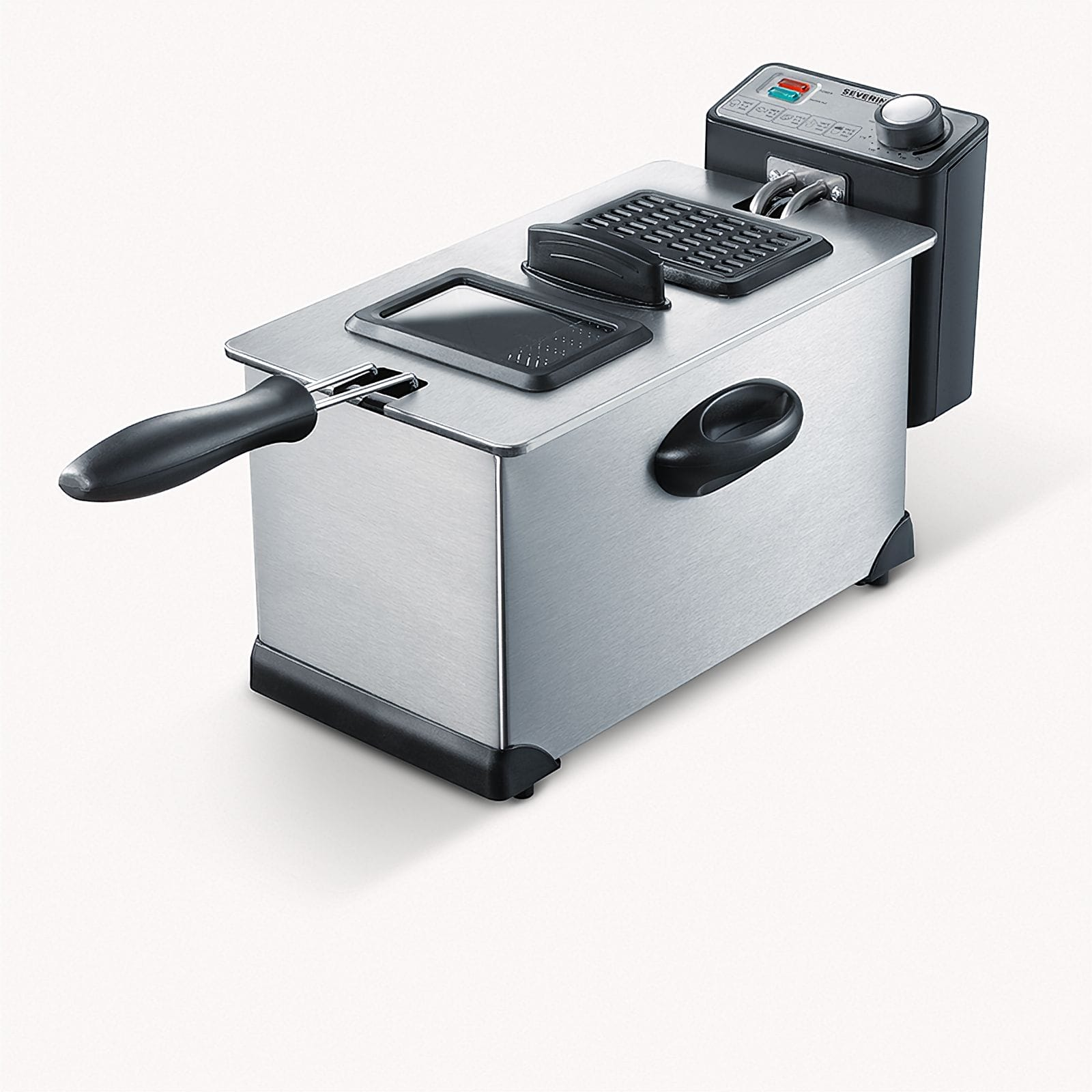 Frytownica ze stali nierdzewnej z czarnymi uchwytami i elementami sterującymi. Marka to Severin.